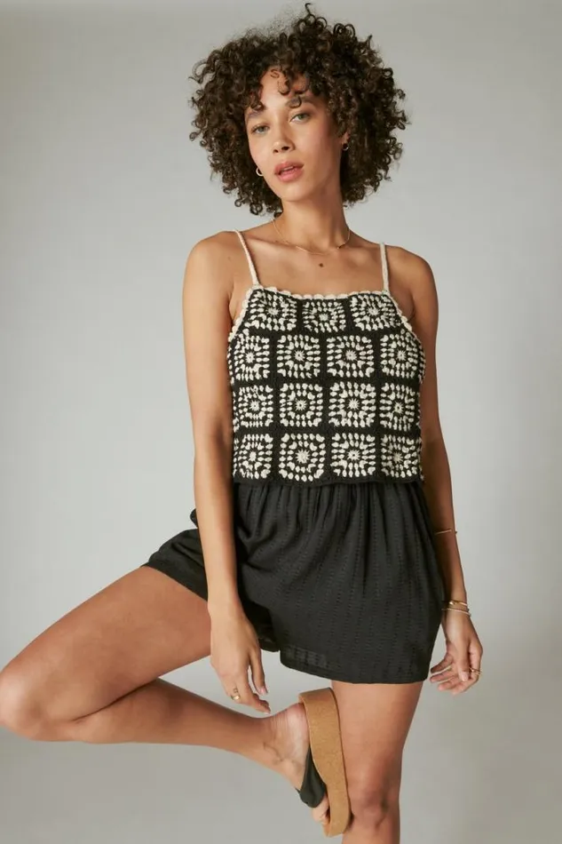 Women Lucky Brand Jumpsuits and Overalls Crochet Romper Black Granny Square