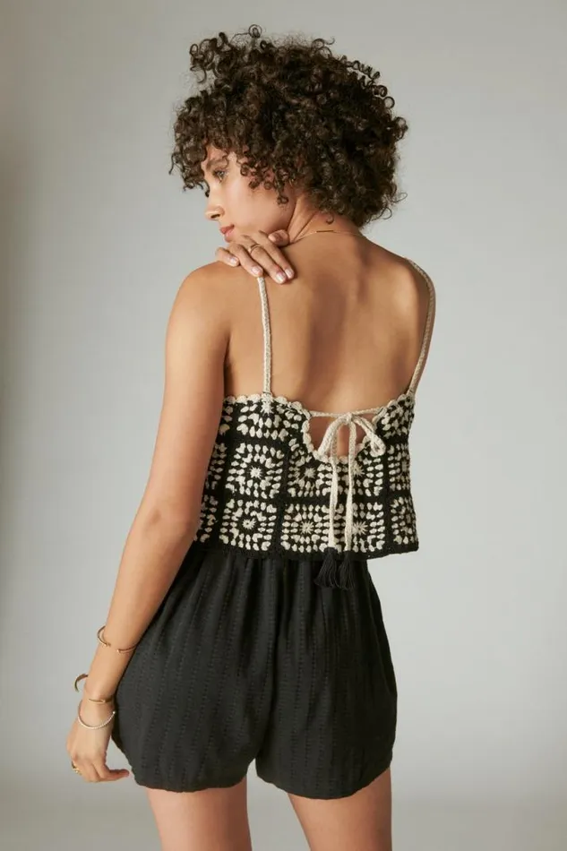 Women Lucky Brand Jumpsuits and Overalls Crochet Romper Black Granny Square