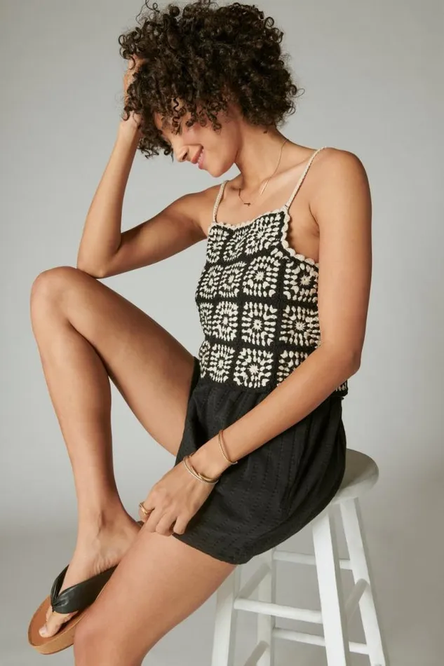 Women Lucky Brand Jumpsuits and Overalls Crochet Romper Black Granny Square