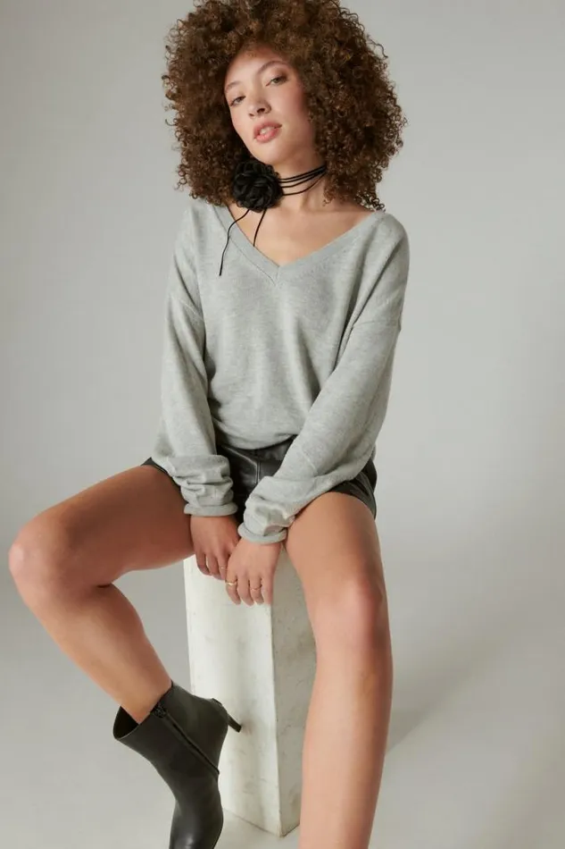 Women Lucky Brand Sweaters and Sweatshirts Cloud Soft V Neck Sweater Light Heather Grey b03 Women Lucky Brand Sweaters and Sweatshirts Cloud Soft V Neck Sweater Light Heather Grey b03
