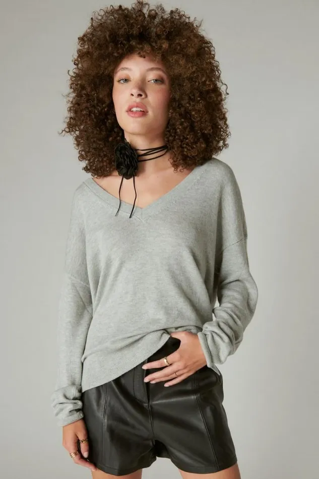 Women Lucky Brand Sweaters and Sweatshirts Cloud Soft V Neck Sweater Light Heather Grey b03