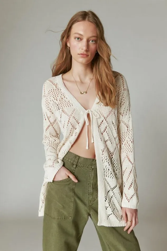 Women Lucky Brand Sweaters and Sweatshirts Crochet Tie Front 34 Sleeve Cardigan Straw Heather