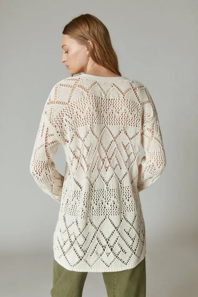 Women Lucky Brand Sweaters and Sweatshirts Crochet Tie Front 34 Sleeve Cardigan Straw Heather