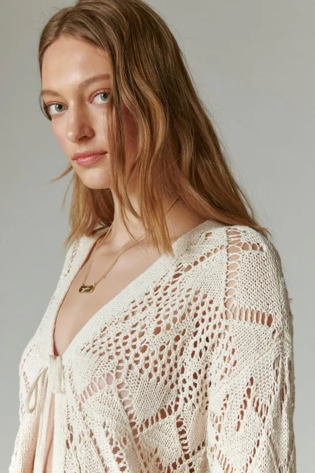 Women Lucky Brand Sweaters and Sweatshirts Crochet Tie Front 34 Sleeve Cardigan Straw Heather