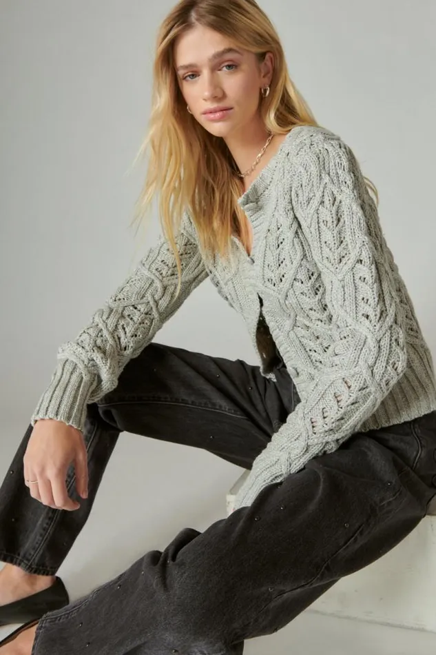 Women Lucky Brand Sweaters and Sweatshirts Puff Sleeve Shine Cardigan Light Heather Gray
