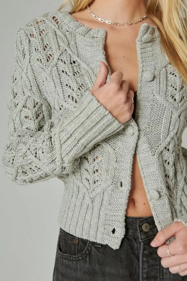 Women Lucky Brand Sweaters and Sweatshirts Puff Sleeve Shine Cardigan Light Heather Gray