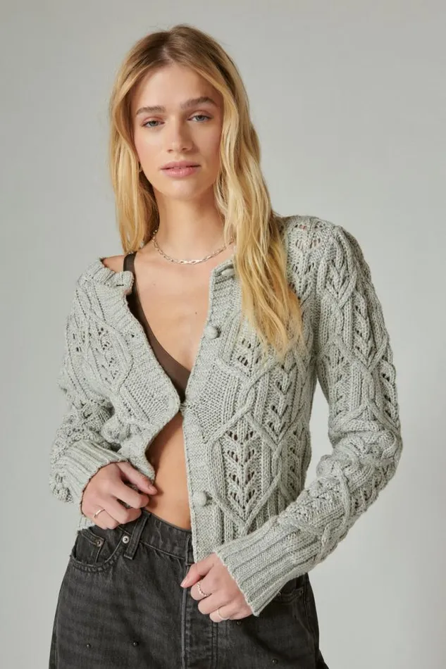 Women Lucky Brand Sweaters and Sweatshirts Puff Sleeve Shine Cardigan Light Heather Gray