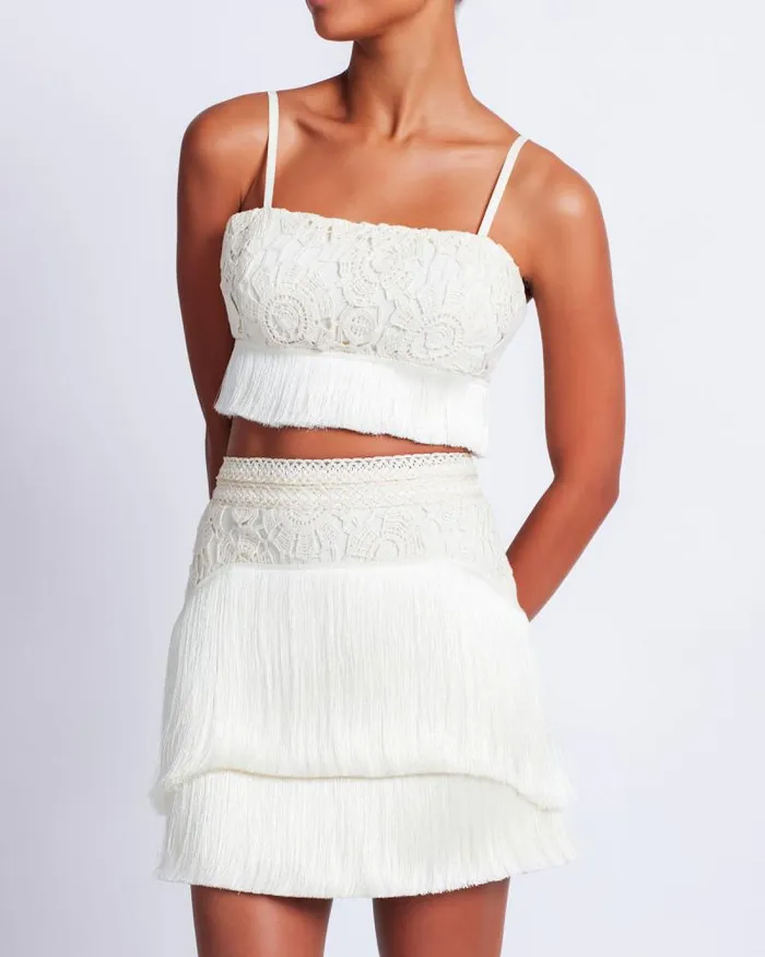 Women Matching Sets PatBO Crochet Fringe Cropped Top Wheat