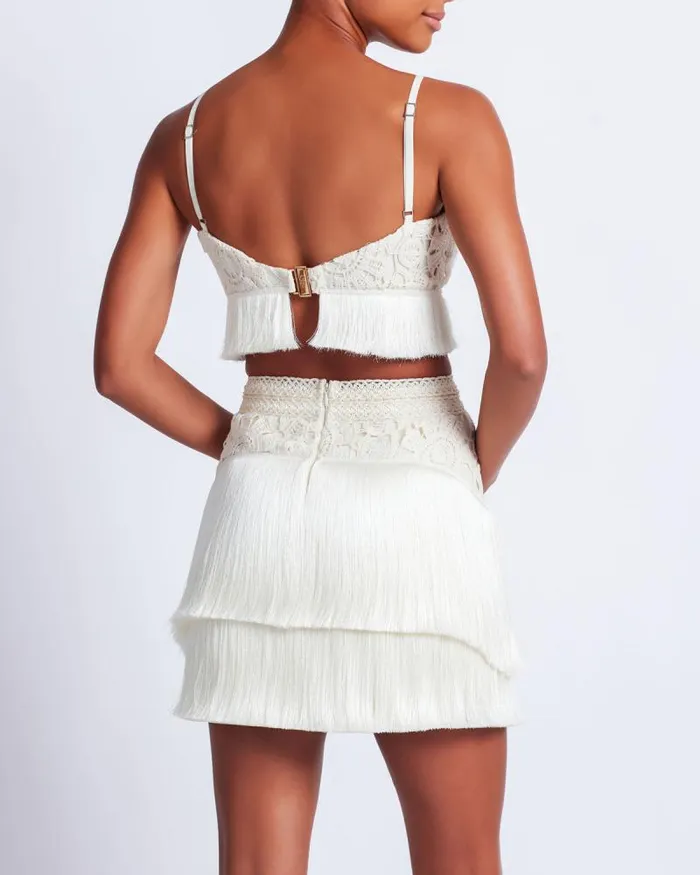 Women Matching Sets PatBO Crochet Fringe Cropped Top Wheat