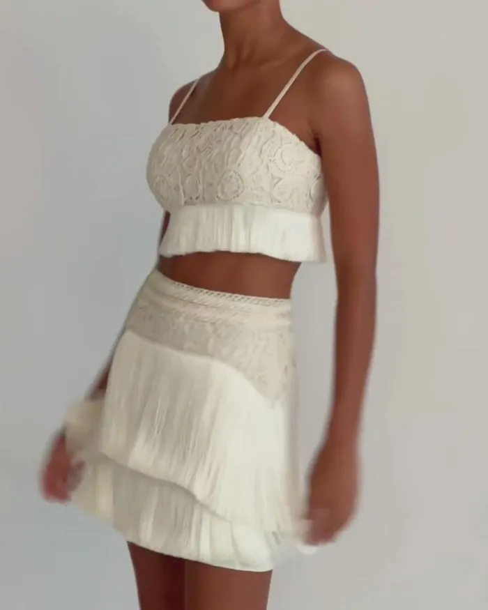 Women Matching Sets PatBO Crochet Fringe Cropped Top Wheat
