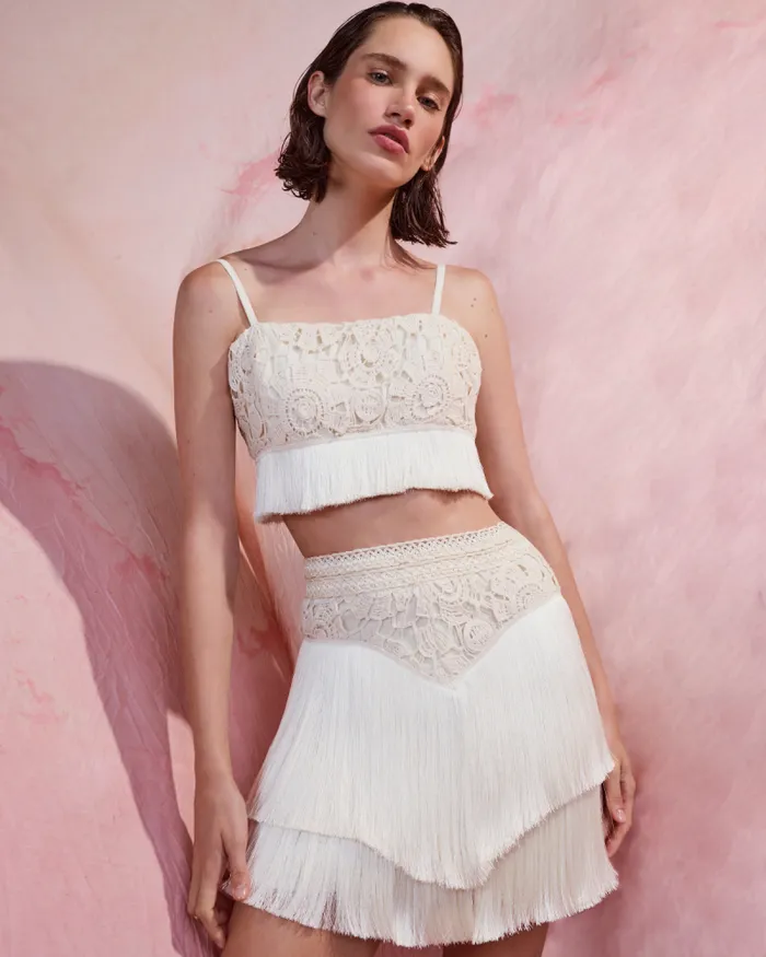 Women Matching Sets PatBO Crochet Fringe Cropped Top Wheat