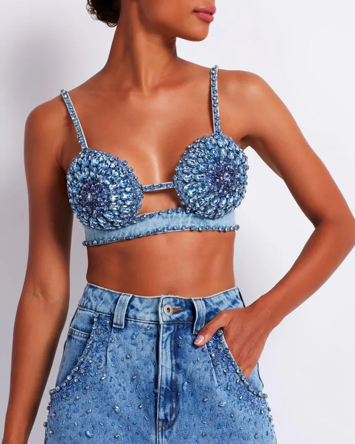 Women Matching Sets PatBO HANDBEADED DENIM BRALETTE FINAL SALE Denim
