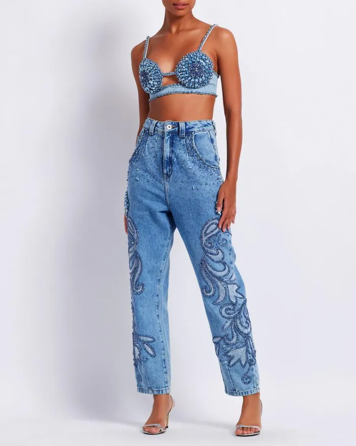 Women Matching Sets PatBO HANDBEADED DENIM BRALETTE FINAL SALE Denim