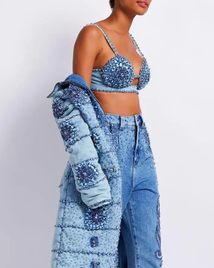 Women Matching Sets PatBO HANDBEADED DENIM BRALETTE FINAL SALE Denim