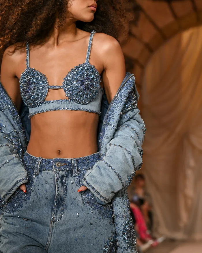 Women Matching Sets PatBO HANDBEADED DENIM BRALETTE FINAL SALE Denim