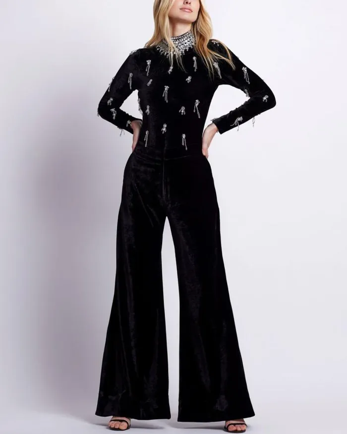 Women Matching Sets PatBO HAND BEADED VELVET BODYSUIT Black