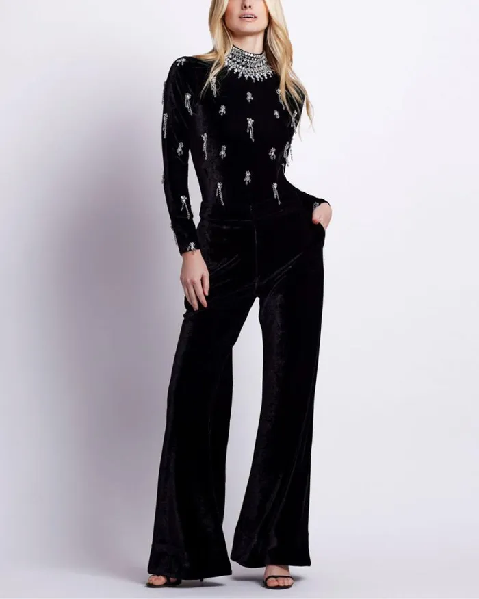 Women Matching Sets PatBO HAND BEADED VELVET BODYSUIT Black
