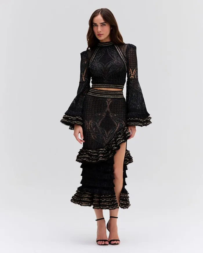 Women Matching Sets PatBO LACE AND FRINGE MAXI SKIRT Black