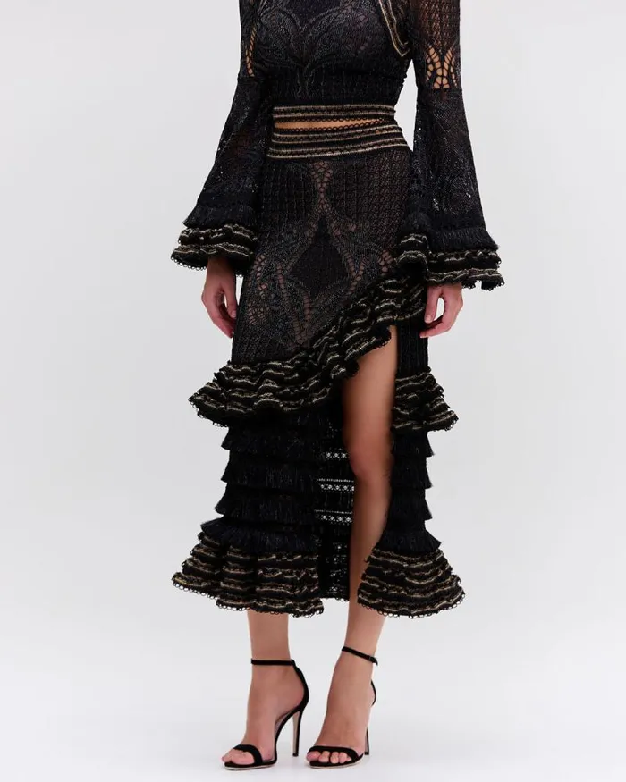 Women Matching Sets PatBO LACE AND FRINGE MAXI SKIRT Black