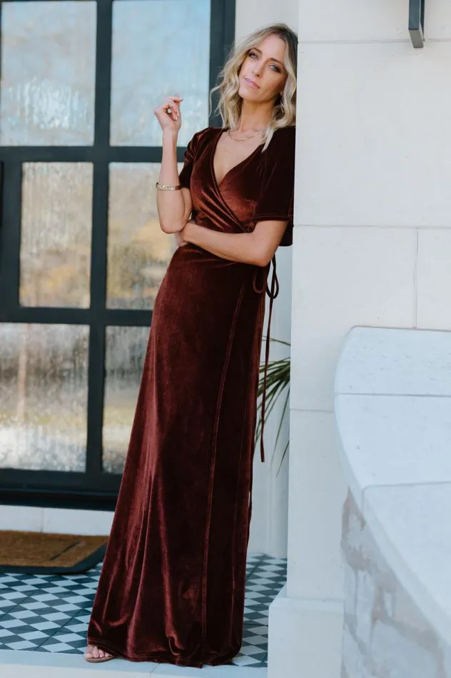 Women Meghan Velvet Wrap Maxi Dress Bronze Baltic Born Maxi Dresses Women Meghan Velvet Wrap Maxi Dress Bronze Baltic Born Maxi Dresses