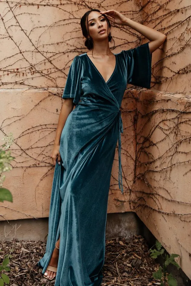 Women Meghan Velvet Wrap Maxi Dress Persian Blue Baltic Born Bump Friendly