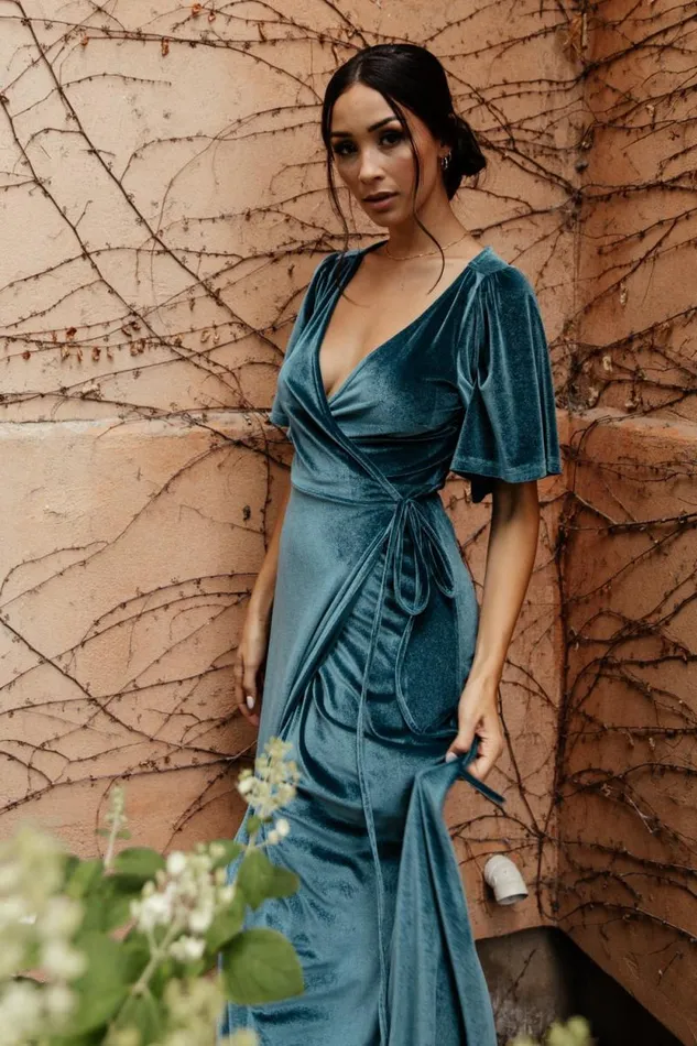 Women Meghan Velvet Wrap Maxi Dress Persian Blue Baltic Born Bump Friendly Women Meghan Velvet Wrap Maxi Dress Persian Blue Baltic Born Bump Friendly