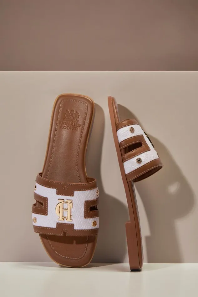 Women Monogram Slides Tan Canvas Holland Cooper Sandals and Slides