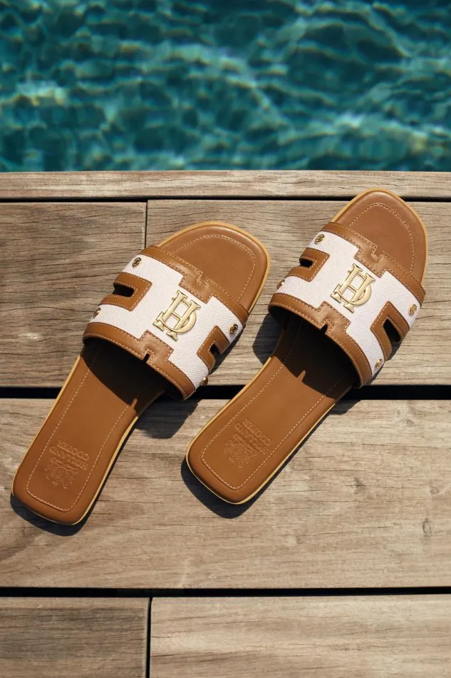 Women Monogram Slides Tan Canvas Holland Cooper Sandals and Slides