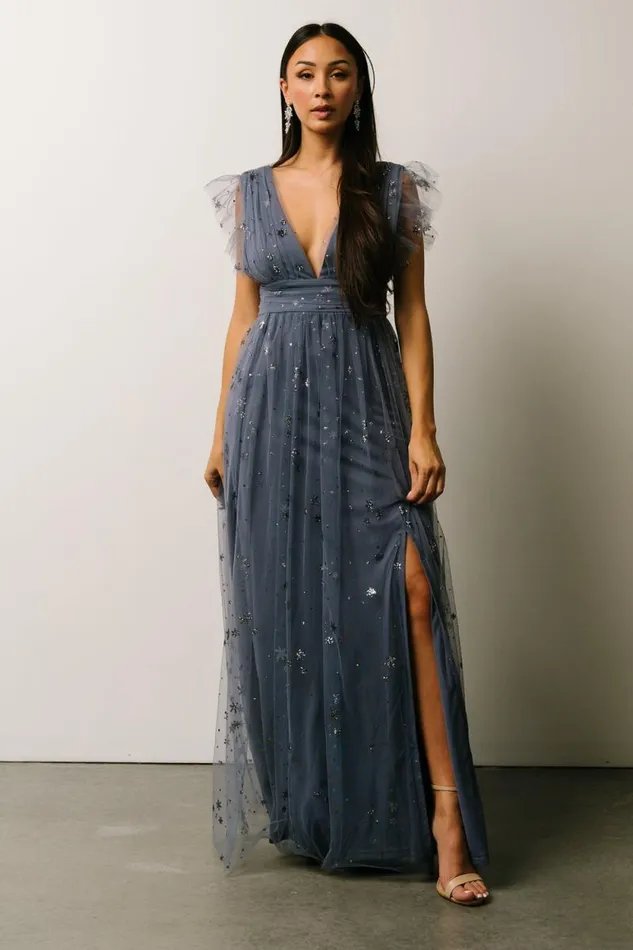 Women Nova Shimmer Maxi Dress Slate Blue Baltic Born Embellished and Sequined
