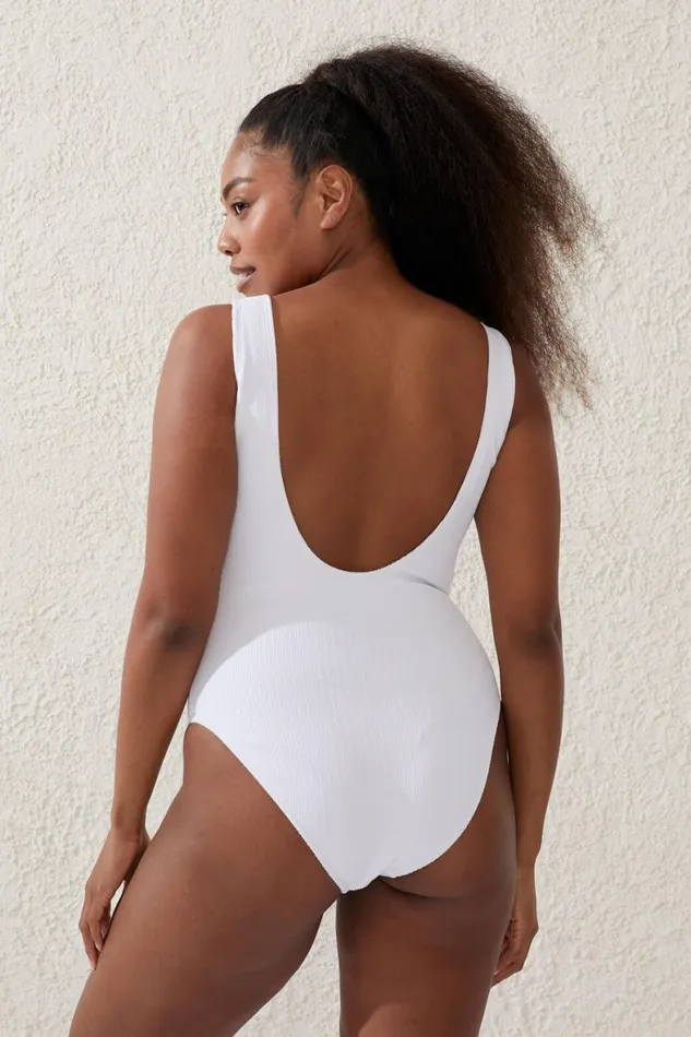 Women One Piece Swimsuits Cotton On Scoop Back One Piece Cheeky White Crinkle