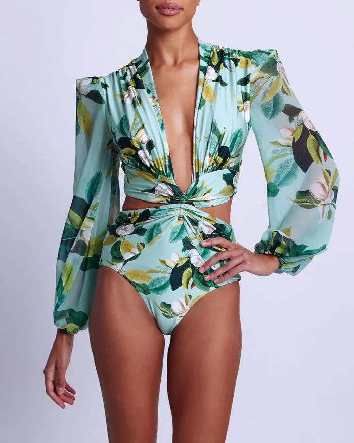 Women One Pieces PatBO Magnolia Plunge Bodysuit FINAL SALE Green Multi