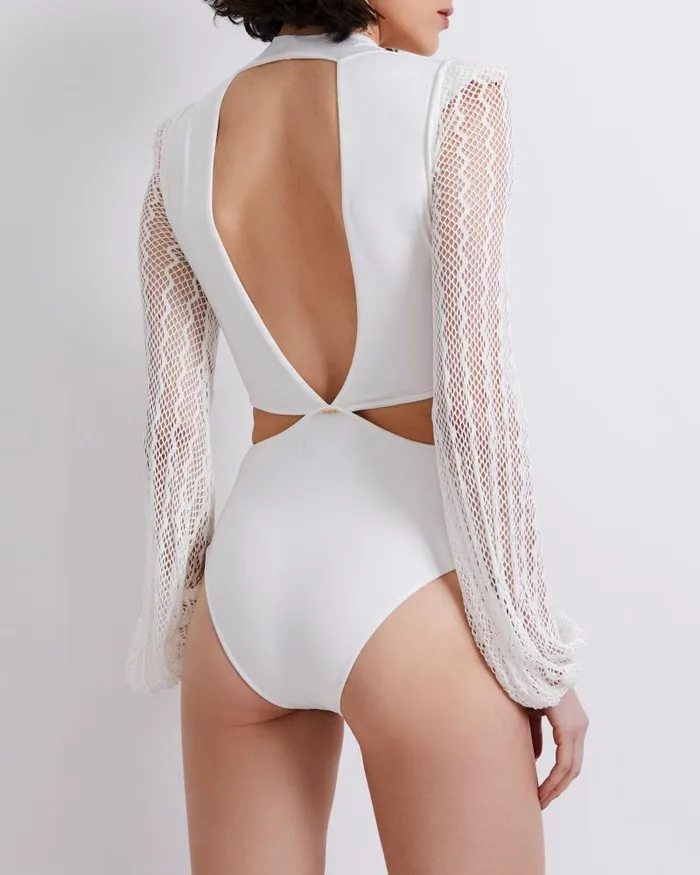 Women One Pieces PatBO Plunge Netted Sleeve Swimsuit EXCLUSIVE White