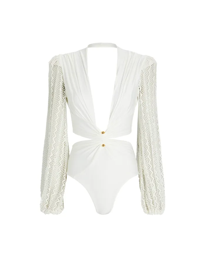 Women One Pieces PatBO Plunge Netted Sleeve Swimsuit EXCLUSIVE White
