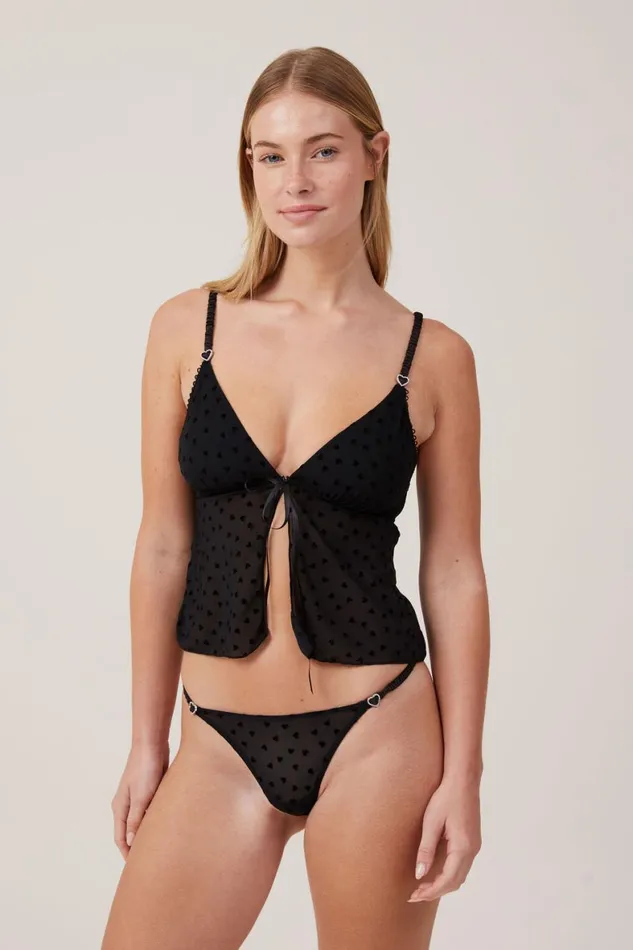 Women Panties Cotton On Sasha Flocking Mesh Tanga Thong Brief Black