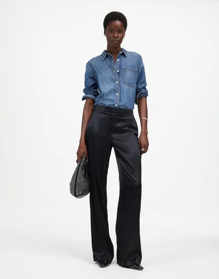 Women Pants Madewell PullOn Straight Pants In Stretch Satin True Black