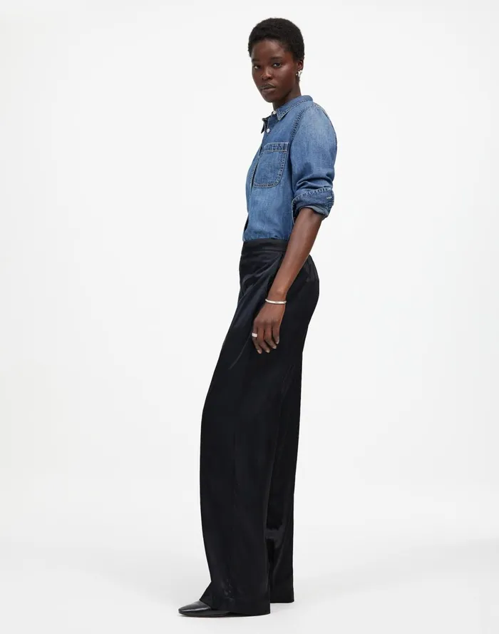 Women Pants Madewell PullOn Straight Pants In Stretch Satin True Black
