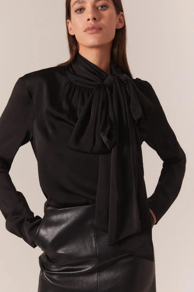 Women Party Tops Bardot Castian Satin Blouse In Black Black