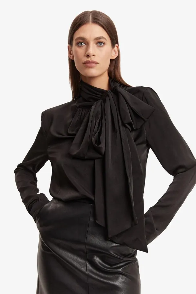 Women Party Tops Bardot Castian Satin Blouse In Black Black