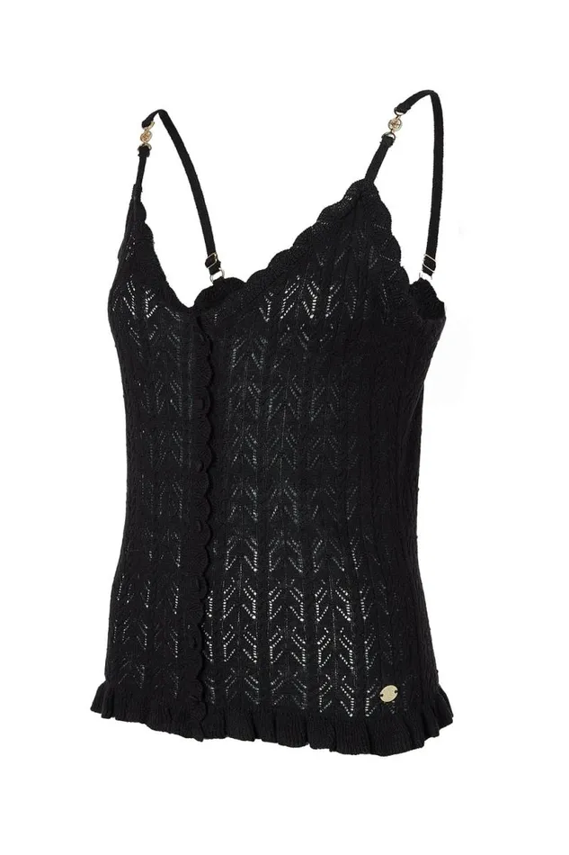 Women Pointelle Cami Black Holland Cooper Tops