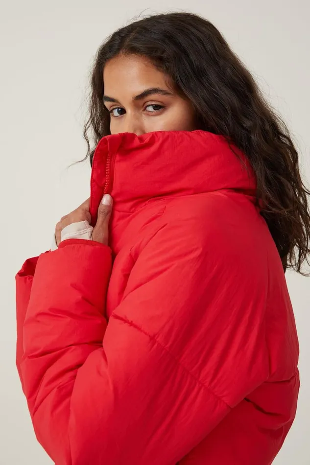 Women Puffers and Jackets Cotton On The Recycled Cropped Mother Puffer 20 Apres Red