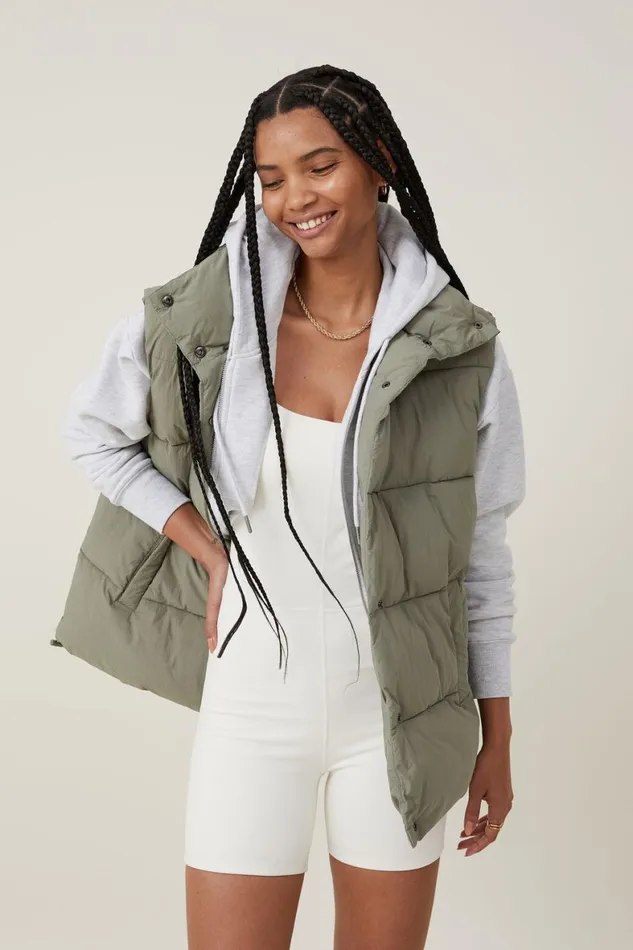 Women Puffers and Jackets Cotton On The Recycled Mother Puffer Vest 20 Dusty Khaki
