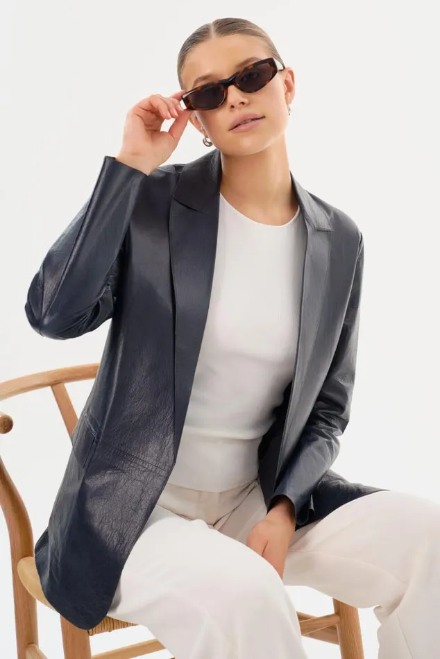 Women QUIRINA Leather Blazer Navy LAMARQUE Leather Jackets