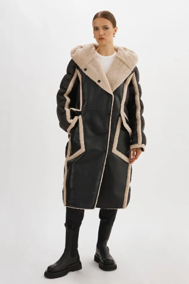 Women REXANA Mixed Media Puffer Coat Blackecru LAMARQUE Sherpa