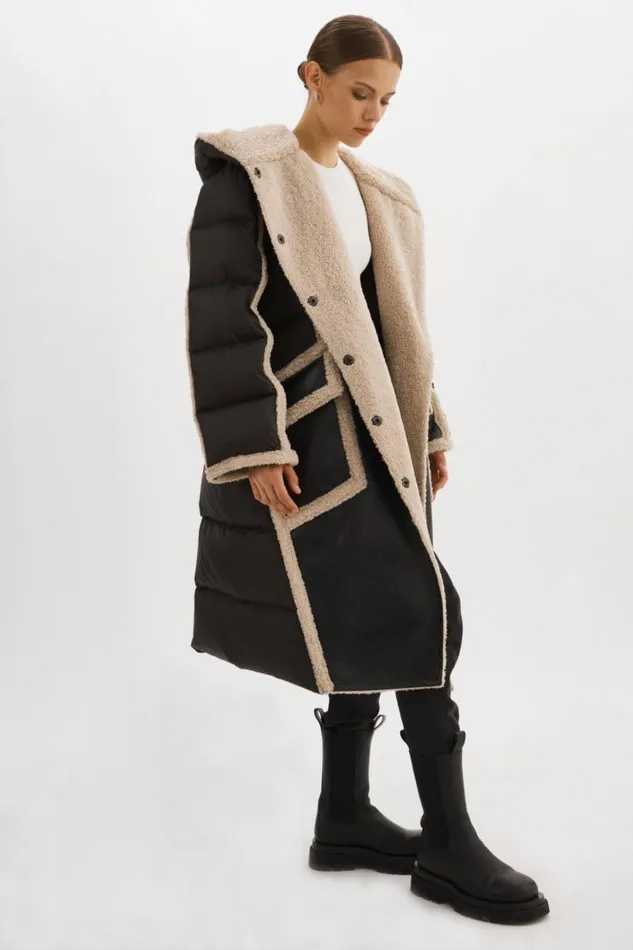 Women REXANA Mixed Media Puffer Coat Blackecru LAMARQUE Sherpa