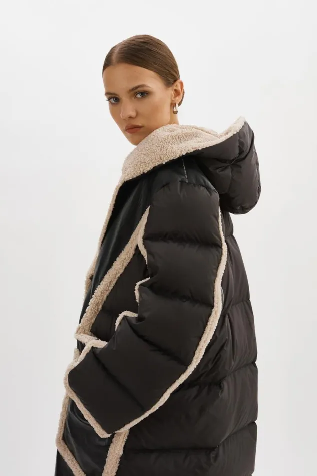 Women REXANA Mixed Media Puffer Coat Blackecru LAMARQUE Sherpa