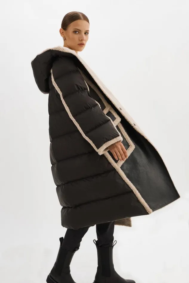 Women REXANA Mixed Media Puffer Coat Blackecru LAMARQUE Sherpa