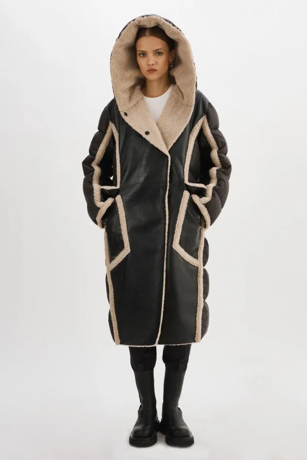 Women REXANA Mixed Media Puffer Coat Blackecru LAMARQUE Sherpa