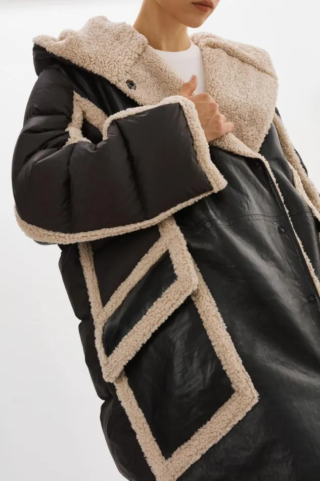 Women REXANA Mixed Media Puffer Coat Blackecru LAMARQUE Sherpa