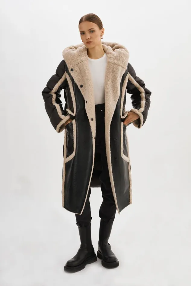 Women REXANA Mixed Media Puffer Coat Blackecru LAMARQUE Sherpa