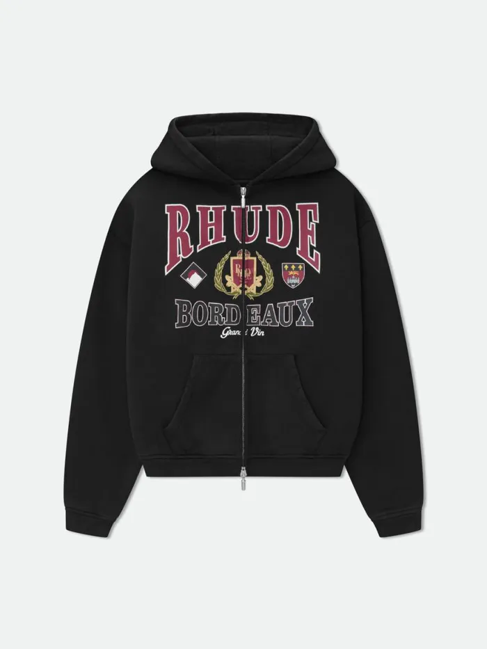 Women Rhude Tops BORDEAUX GRAND VIN ZIPUP HOODIE Black
